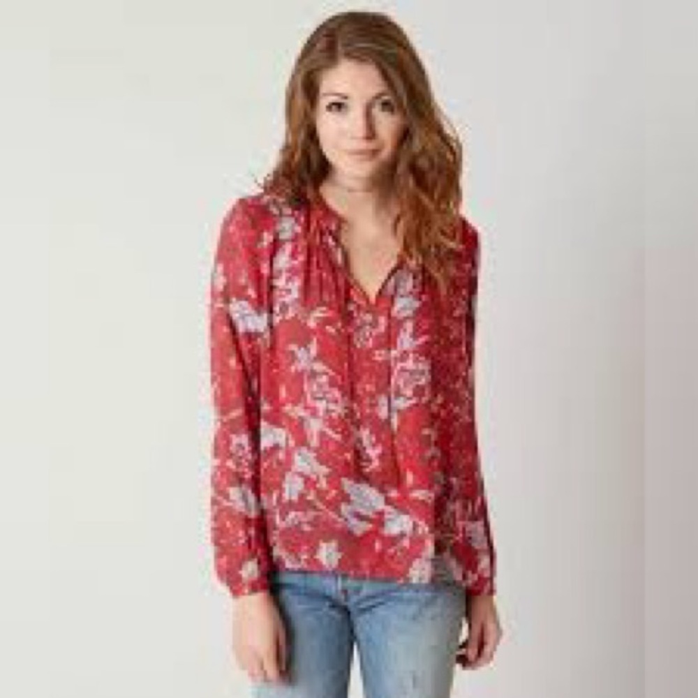Lucky Brand 100% viscose floral tassel neckline boho blouse top, medium.